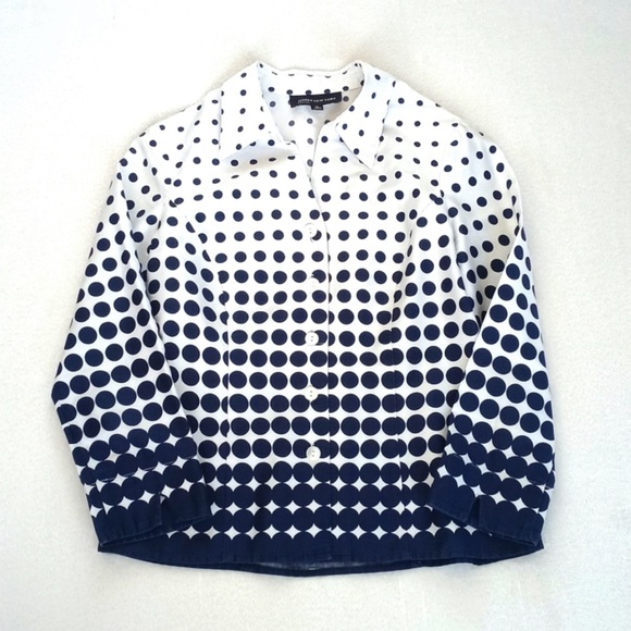 Jones New York White Navy Blue Polka Dot Mid-Century Modern 3/4 Sleeve Top P/S - Picture 3 of 12